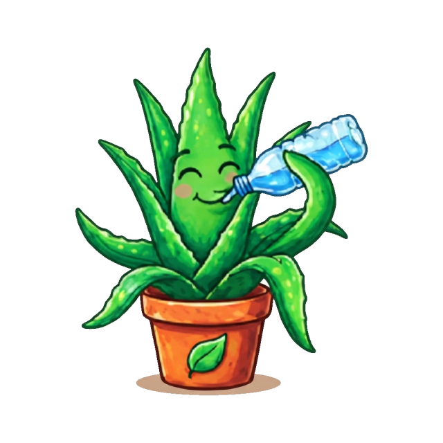 The ThurstyPlant mascot, a happy aloe plant drinking from a water bottle