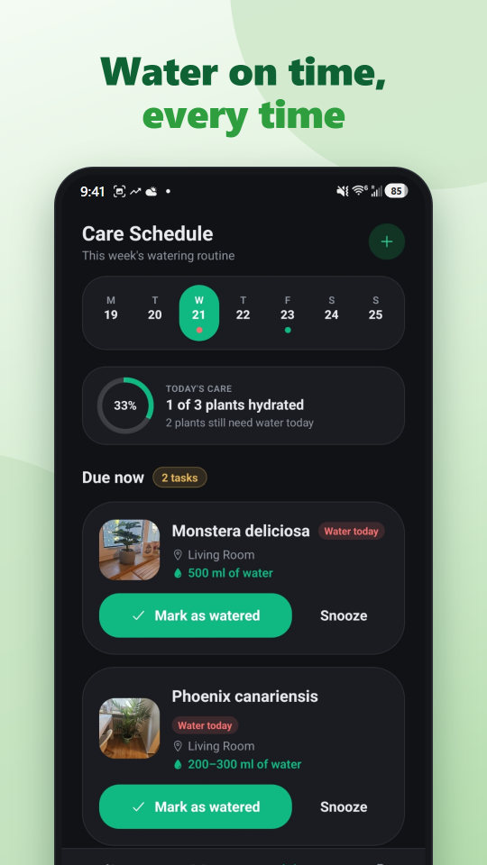 Care schedule with plants due for water